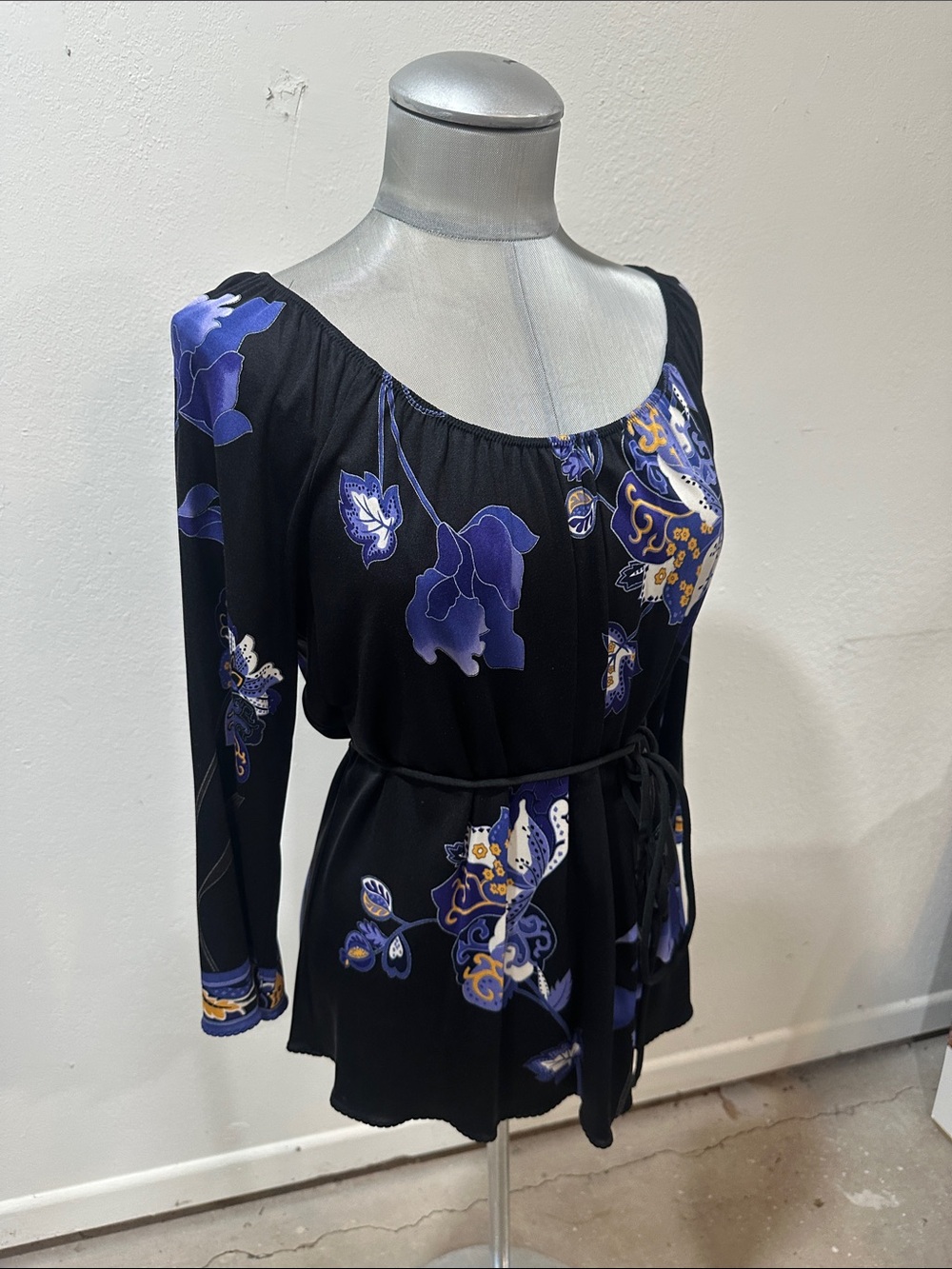 Ellie Tahari Black Floral Peasant Blouse with Purple Accents